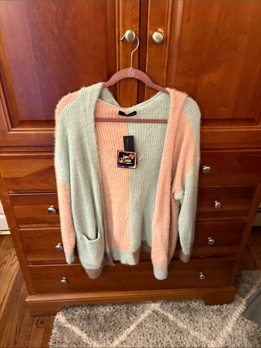 Open-Front Colorblock Cardigan Sweater in Peach and Mint
